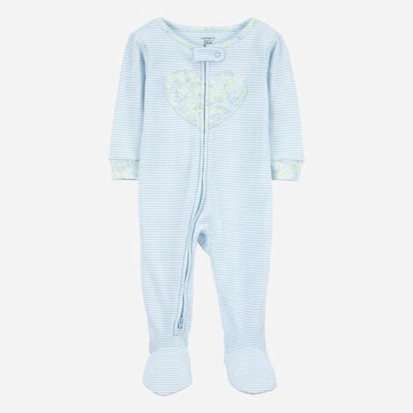 Baby Girl Heart Striped Snug Fit Cotton Footie 1-Piece Pajamas - Blue 1S393210-969 Heather Effect Finish NoTagLabel