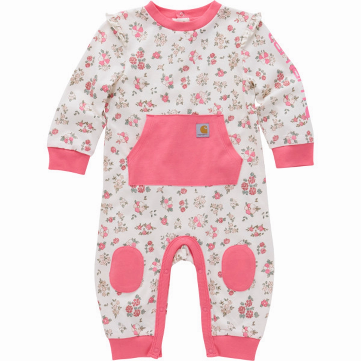 Baby Girls' Long Sleeve Floral Printed Coverall CM9754 Yarn Dye Stripe Contrast Topstitching Detail