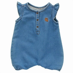Baby Girls' Short-Sleeve Denim Henley Romper CM9750 Relaxed Blouse Sporty Hoodie