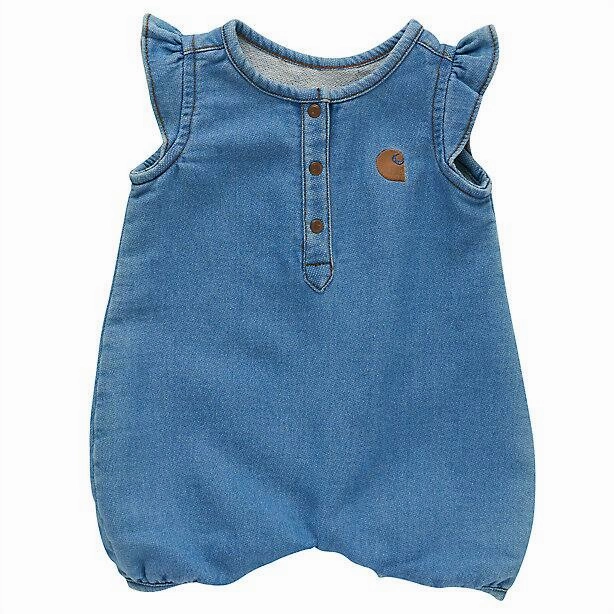 Flatlock Stitching Technique Baby Girls' Short-Sleeve Denim Henley Romper CM9750
