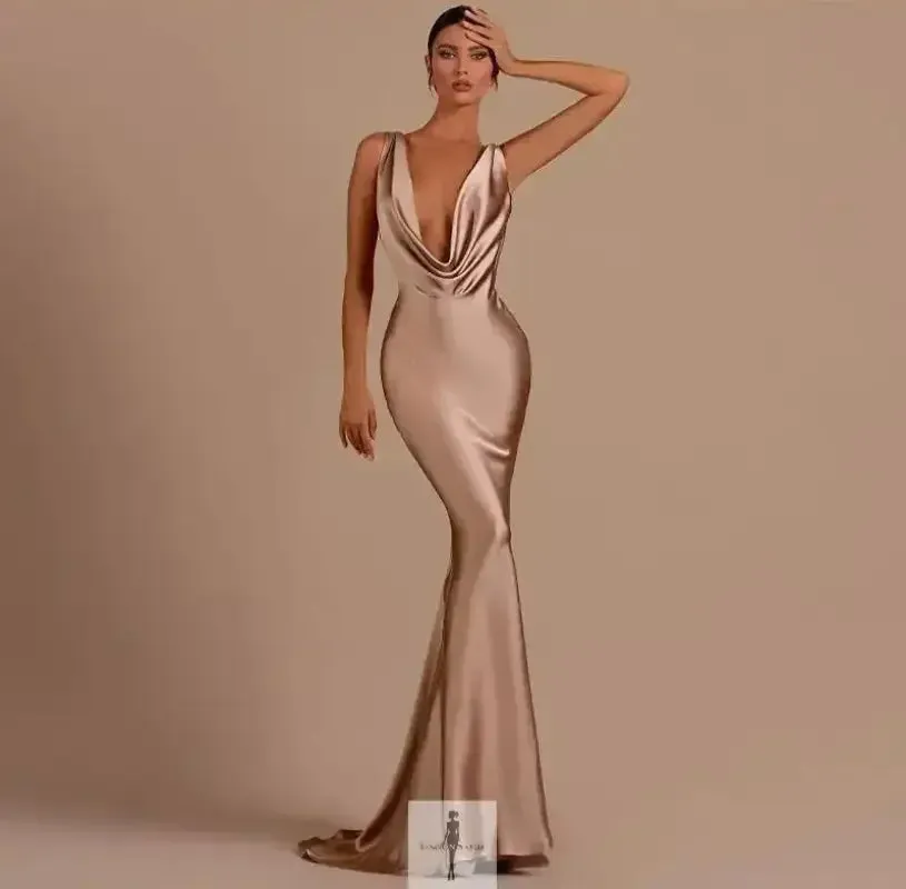 Street Wear Comfort Design Backless Deep V Satin Maxi Dress