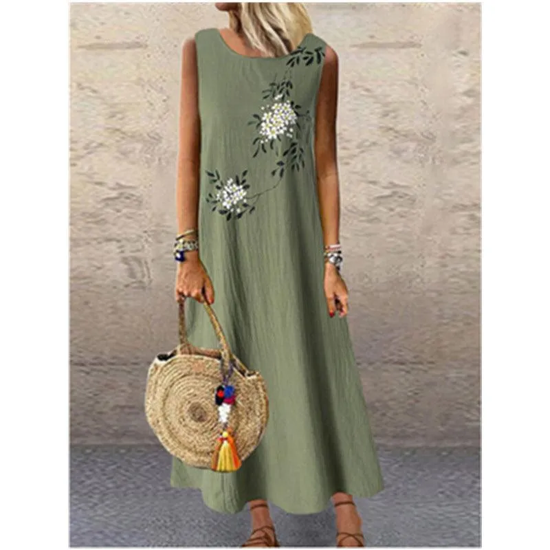 Cotton Linen Round Neck Sleeveless Printed Vest Dress Simple yet sophisticated gown