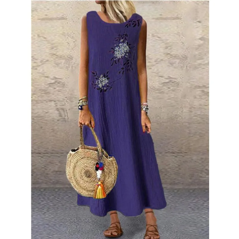 Minimal Cut travel mode Cotton Linen Round Neck Sleeveless Printed Vest Dress