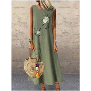 Cotton Linen Round Neck Sleeveless Printed Vest Dress Simple yet sophisticated gown