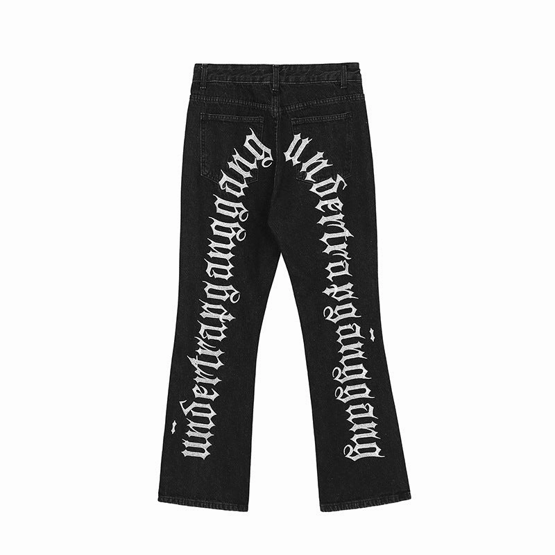 Retro Back Gothic Alphabet Embroidery Ripped Micro Horn Denim Pants Clean Lines