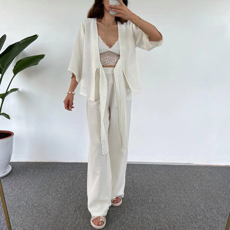 Women's Fashion Casual Loose Lace-up Three-quarter Length Sleeves Cardigan Trousers Two-piece Set Hot Singer Work Guest