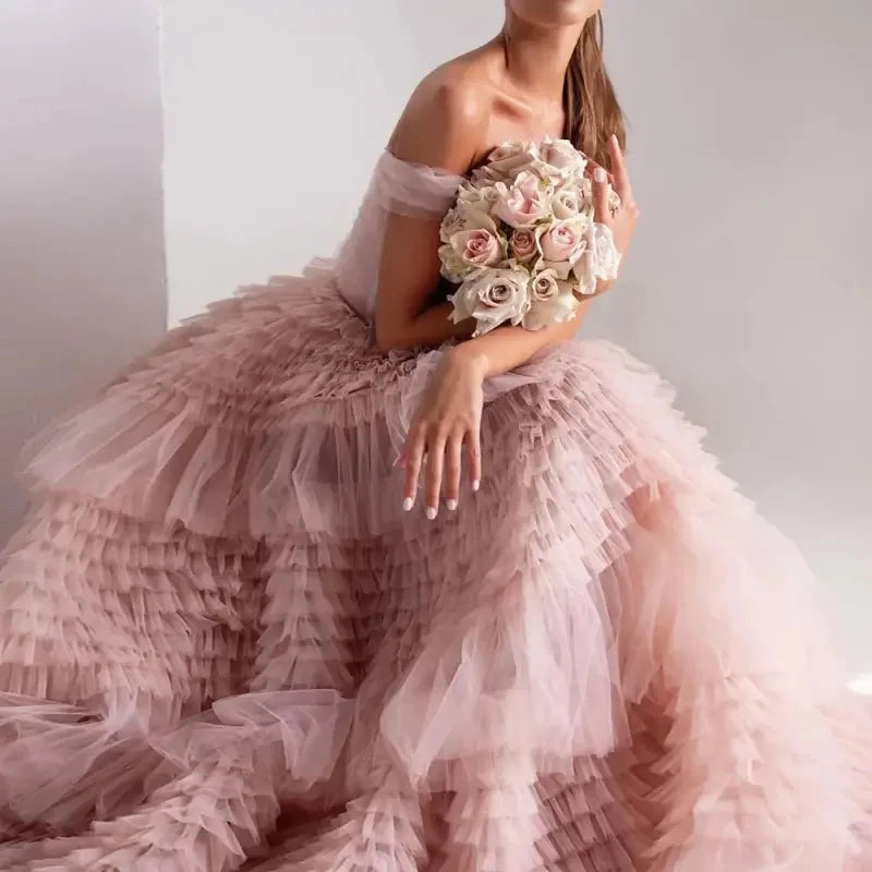 Pink Off Shoulder Ruffles Wedding Dress Cool Form Sleek Layer