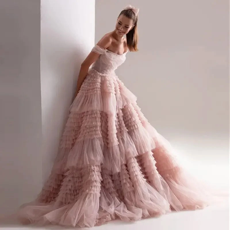 Pink Off Shoulder Ruffles Wedding Dress Modern Layers