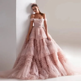 Cool Undertone Luxe Comfort Pink Off Shoulder Ruffles Wedding Dress