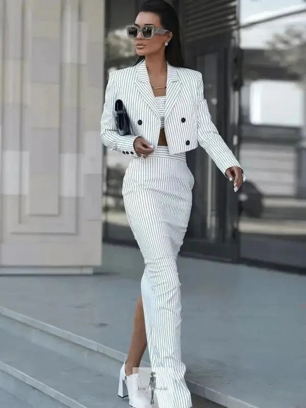 Cropped Blazer Coat High Waist Slit Long Skirt Ski Core