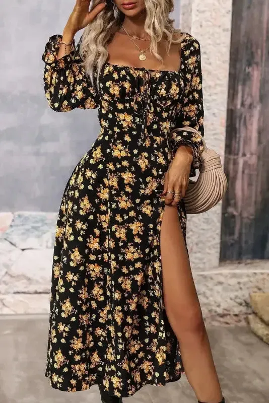 Gentle Power Black Floral Slit Dress