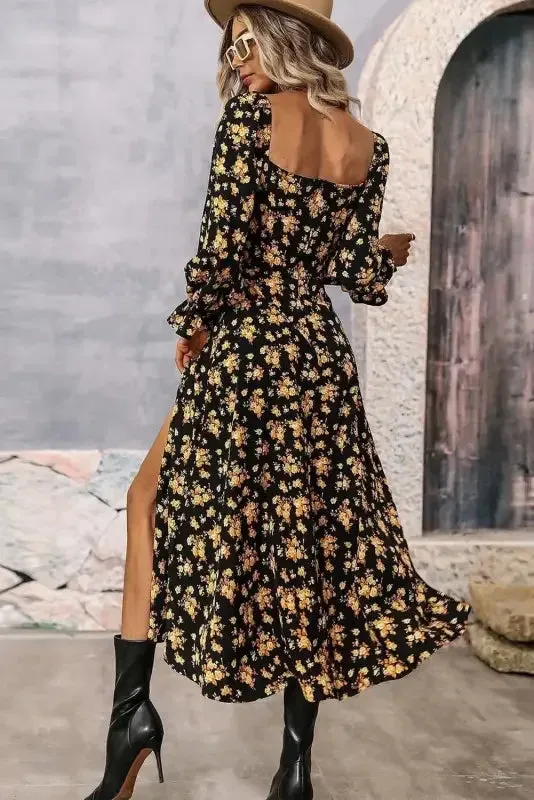 Black Floral Slit Dress Fashion Footwear Trendy Design