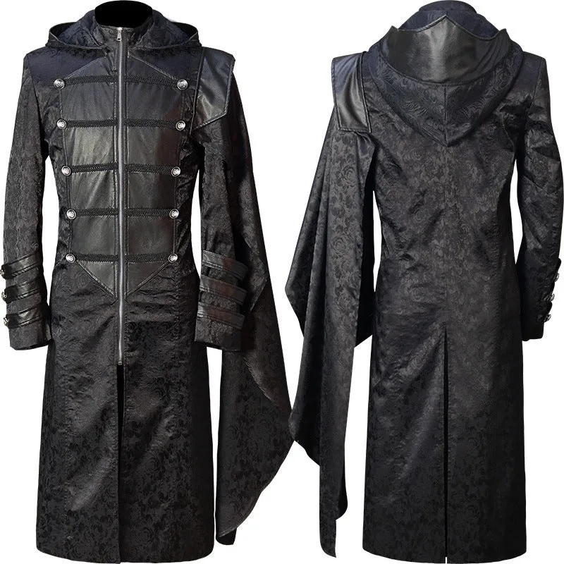 retro look Black Stand Collar Leather Punk Gothic Cape Coat