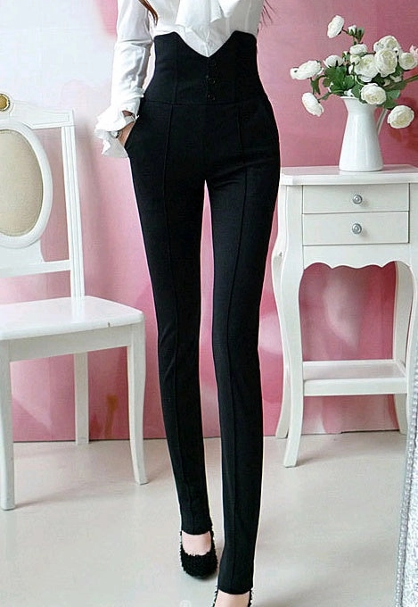 ElasticWaist Slim Stretch Black handsome high waist super thin pencil pants Korean version of the small feet casual pants
