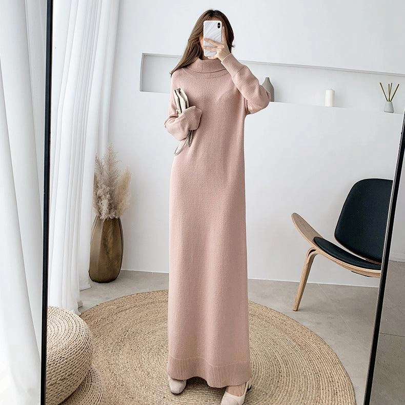 Stretch-Recovery Wool-Blend Black knitted dress long skirt