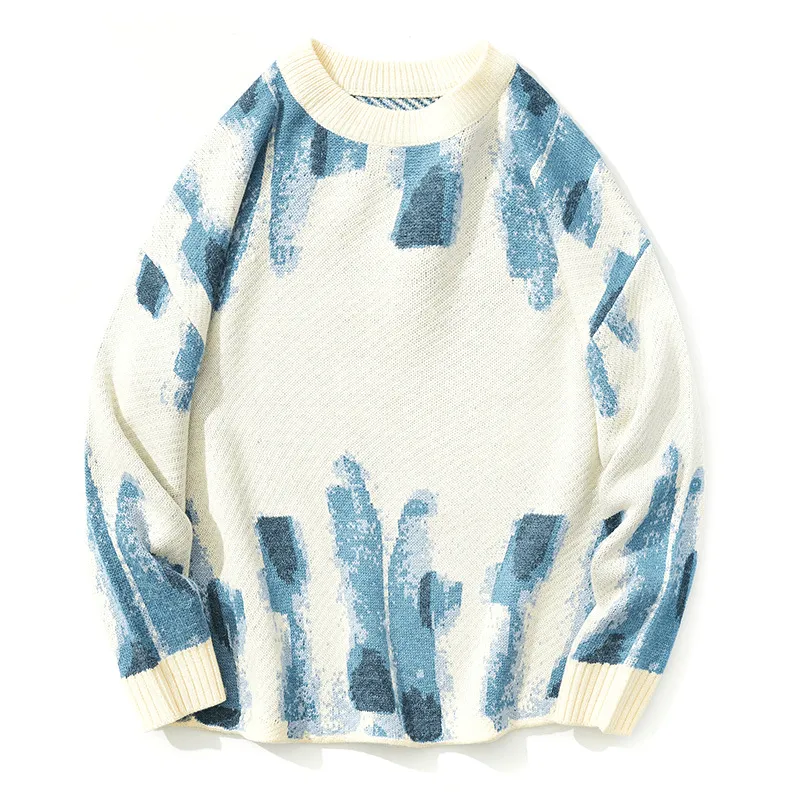 Blue Graffiti Watercolor Jacquard Casual Knit Loose Sweater Sustainable Yarn