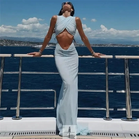 Poolside Pack Blue Mesh Elegant Cut Out Dress