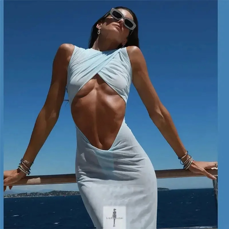 Blue Mesh Elegant Cut Out Dress Cool Prints