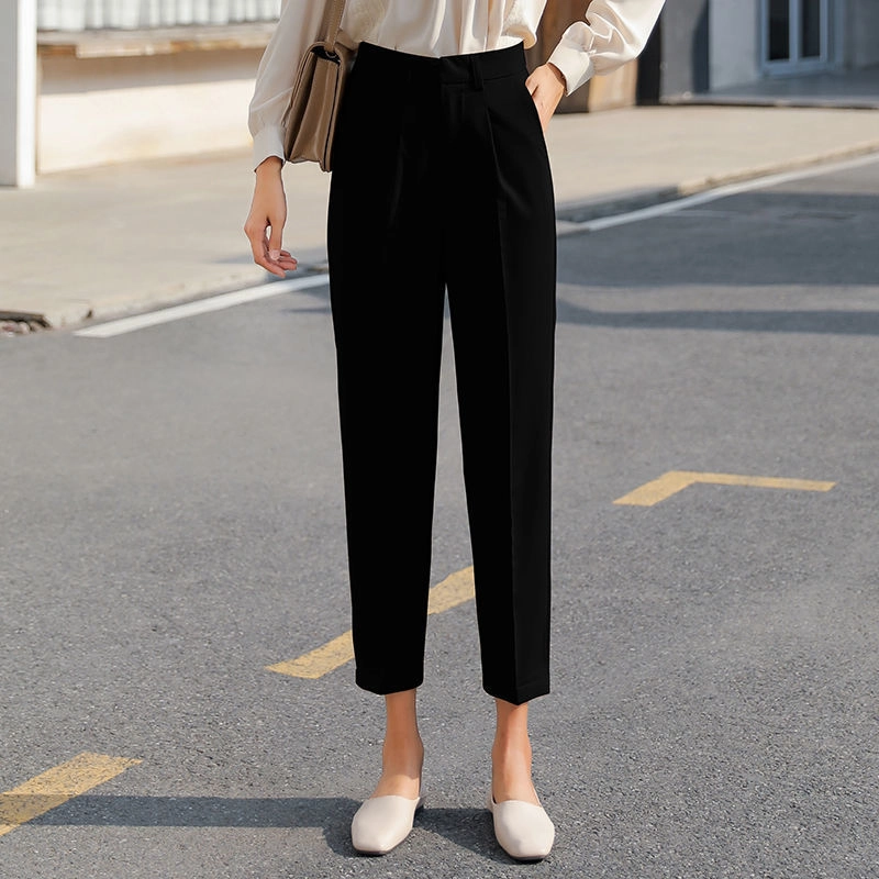 Nine-point High-waisted Black Slim Pleated Cigarette Tube Radish Slacks Stretch Fit Wear