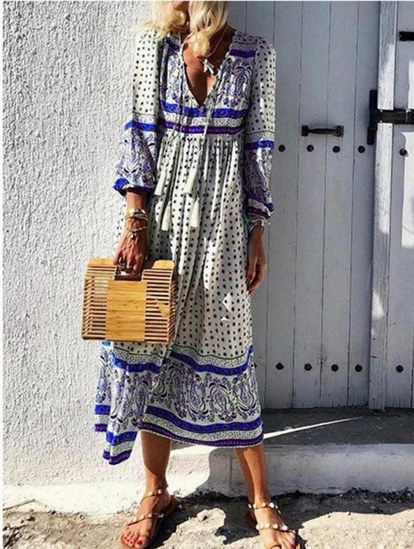 Sleek Wear Bohemian long sleeve V-neck pullover dress