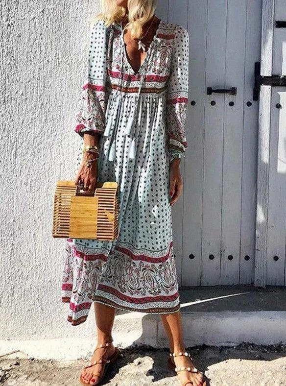 Garden-Party Bohemian long sleeve V-neck pullover dress