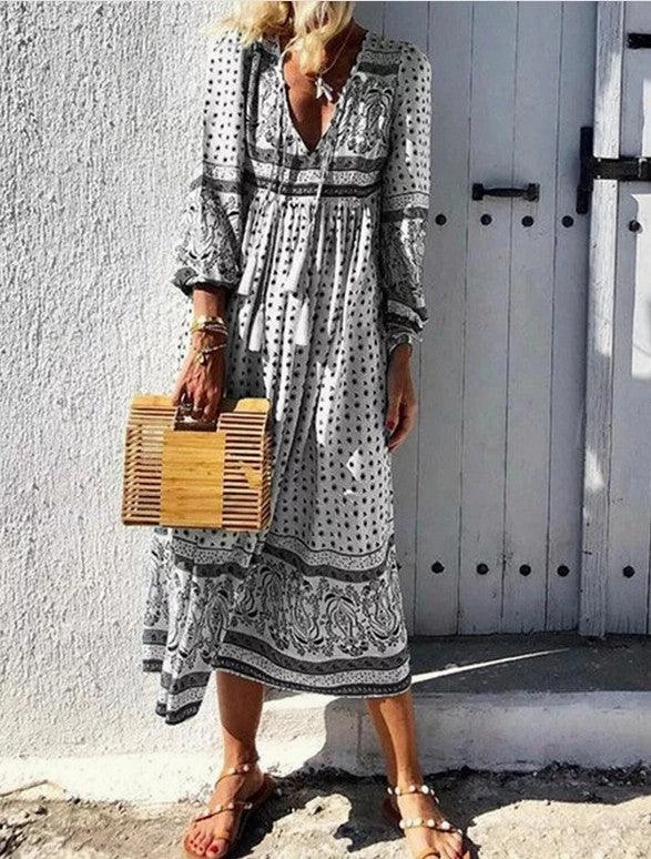 Bohemian long sleeve V-neck pullover dress Perfect Fit Look
