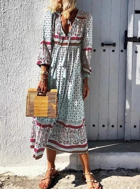Refined Mood Flow Line Bohemian long sleeve V-neck pullover dress