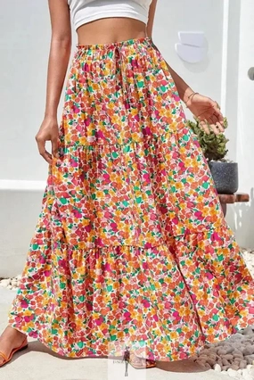 Boho Floral Print Tiered Long Skirt Crisp Silhouette Earth-Tone