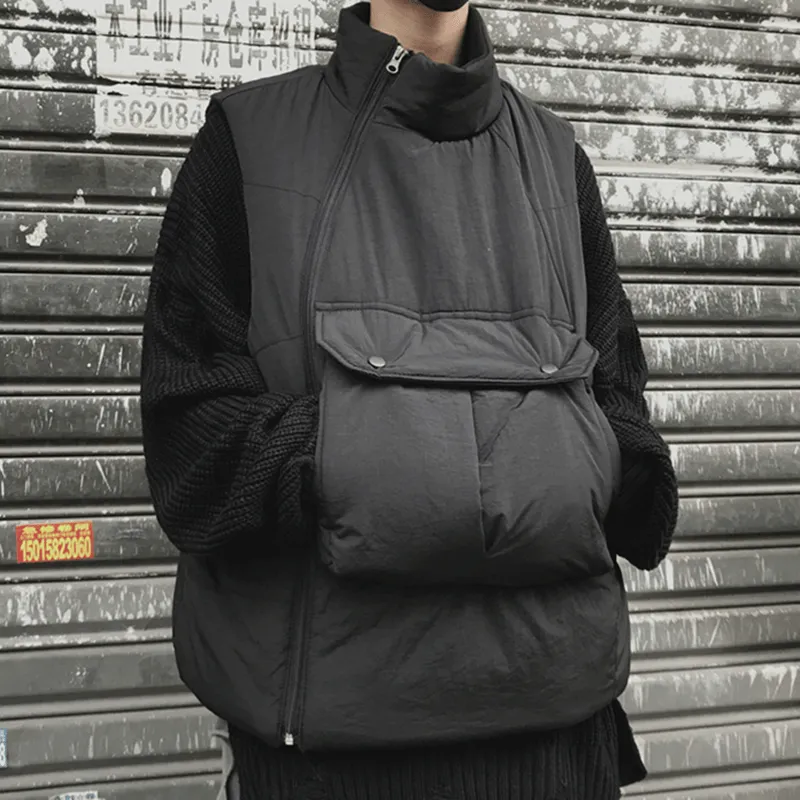 Contemporary Fit Cozy Comfort Retro Big Pocket Diagonal Zipper Cotton Vest