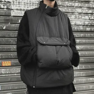 Contemporary Fit Cozy Comfort Retro Big Pocket Diagonal Zipper Cotton Vest