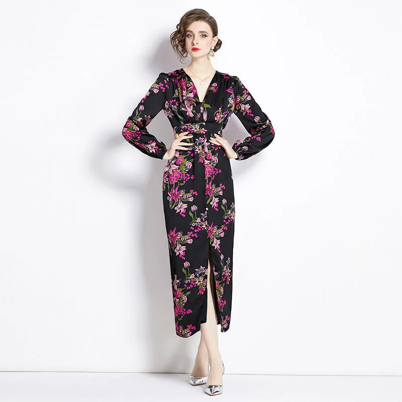 Romantic Print Dress Spring Women Waist Seam Texture Style