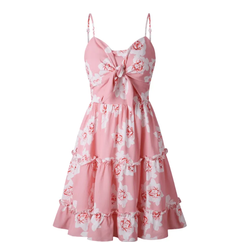 Bow Ruffled Sling Print Large Swing Dress Form Fit Cool Fabric