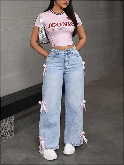 Spring Mood Bold Look Street Fashion Casual Winter Warmth Bowknot Collage Washed Jeans Loose Straight-leg Wide-leg Pants