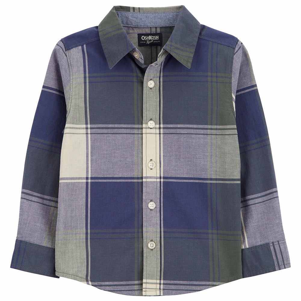 Convertible Neckline Stylish T-shirt Boys' Long-Sleeve Plaid Button-Front Shirt 89811