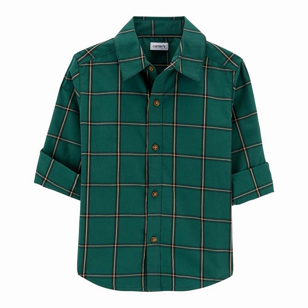 FrictionResistant Trim Boys' Plaid Button-Front Poplin Shirt