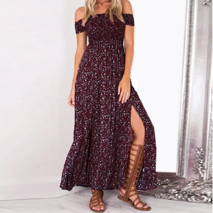 Waist-Cinching Women's Bardot Bohemian Maxi Dress