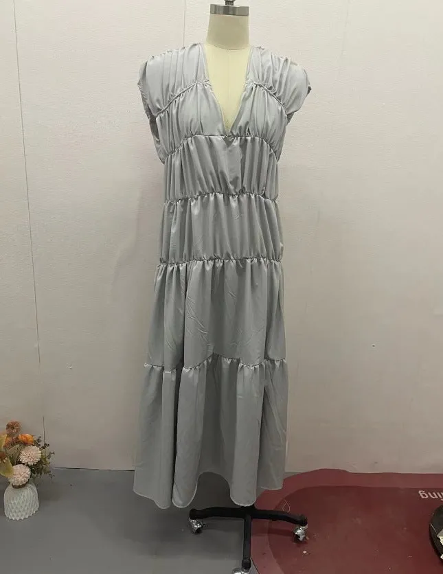 Simple Solid Color Round Neck Pleated Dress ContrastStitching