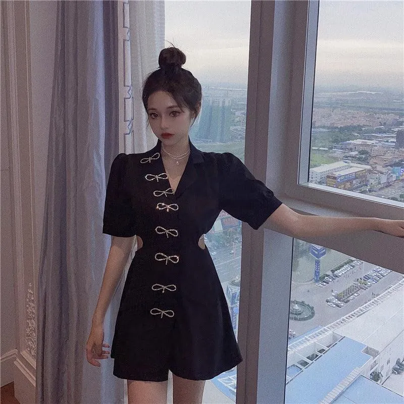 Back-Zip Bowknot slim suit collar dress