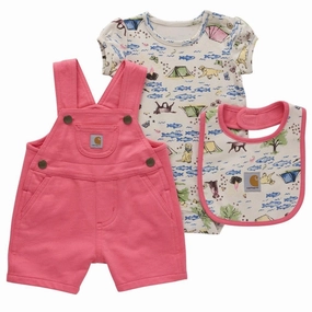 Stay Cool Technology Baby Girls' 3-Piece Short-Sleeve Camping Bodysuit, Shortall & Bib Set CG9886