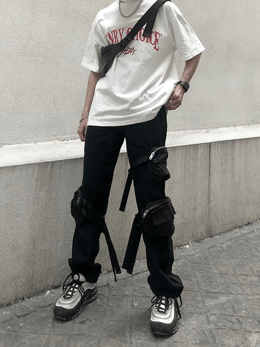 Slim Wear Design Strapping Overalls American Functional Flared Pants