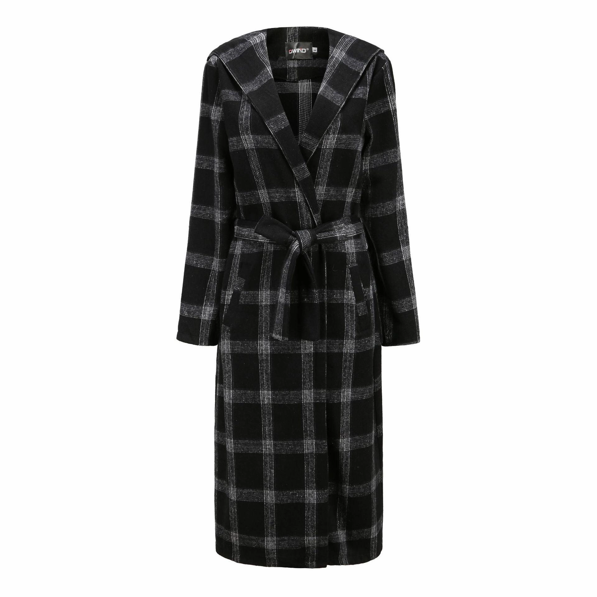 Cross-Border Women's Long Coat Plaid Brushed Woolen Coat Belt Weekend Feel Cloud Light