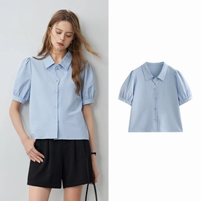 Durable Stitching Tagless label Summer French-Style Petal Placket Bubble Sleeve Top