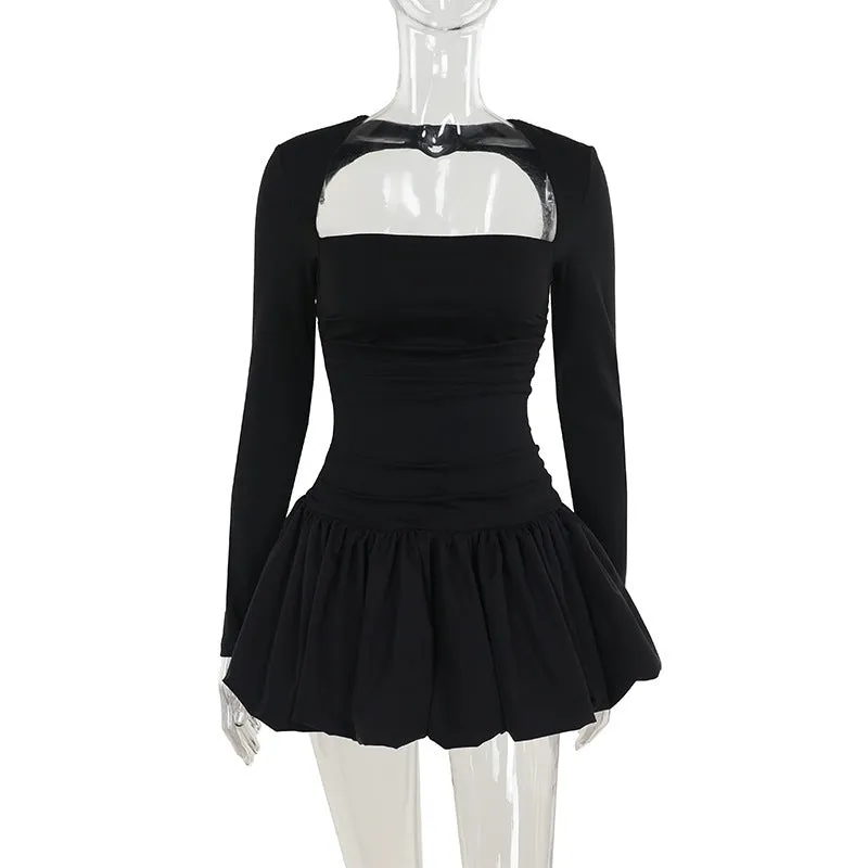 Bubble Hem Long Sleeve Dress Women's Fashion Slim Fit Satin Layers Adjustable-Length