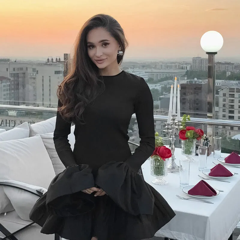 Bud Swing Long Sleeve Dress Female Contrast Color Slim Fit Trendy Fit Look Shape Hug