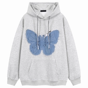 Retro Patch Denim Butterfly Flower Hooded Sweatshirt cruise vacation