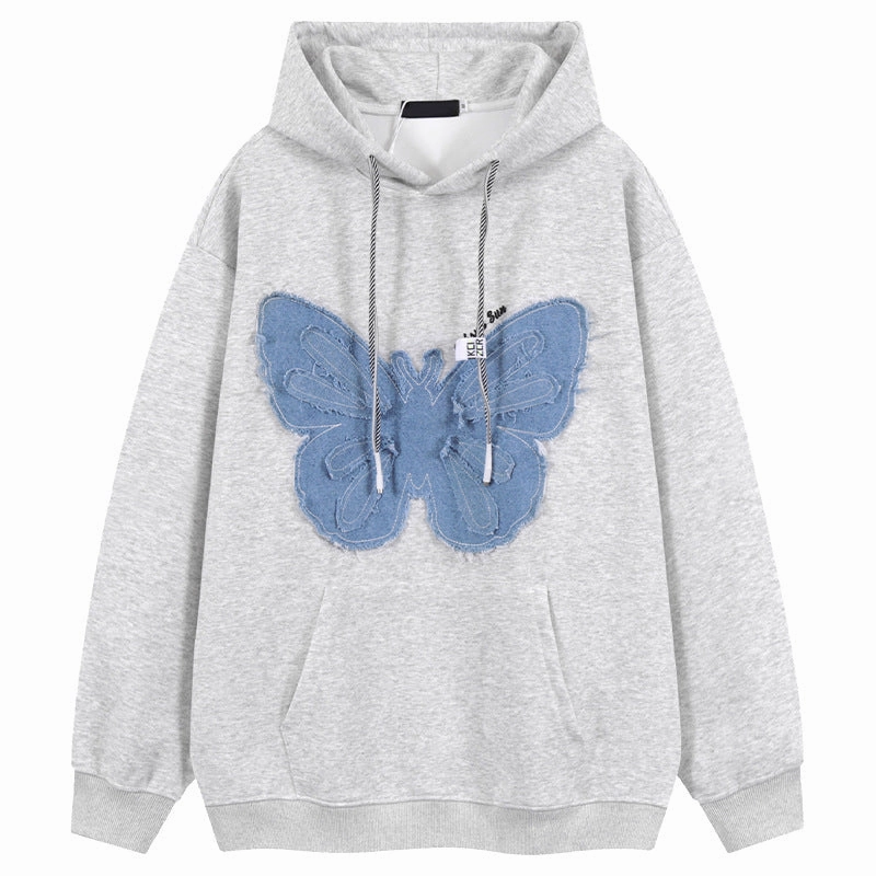 Active Fit Retro Patch Denim Butterfly Flower Hooded Sweatshirt