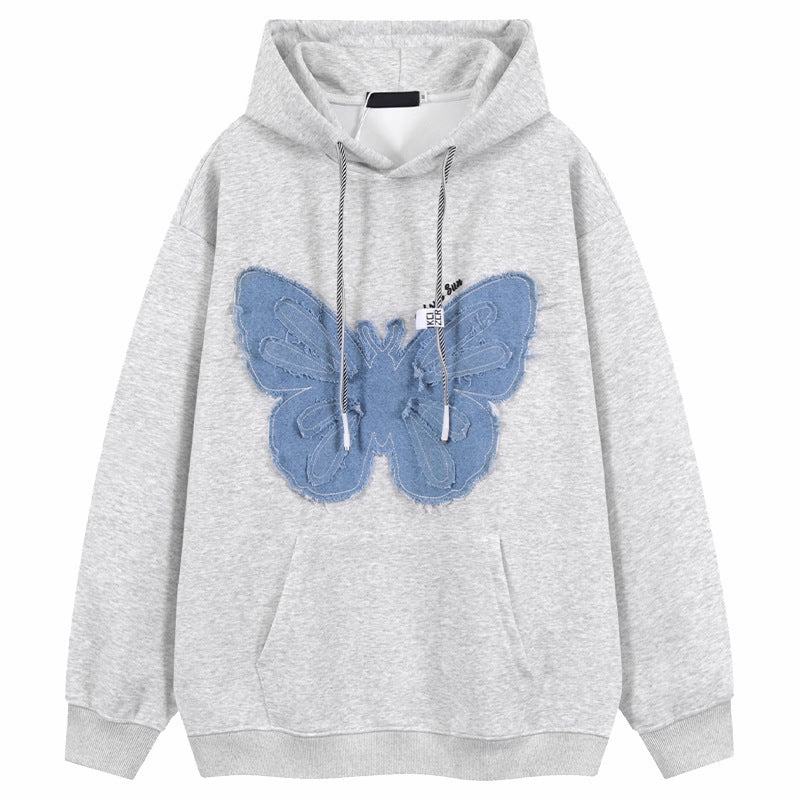 Retro Patch Denim Butterfly Flower Hooded Sweatshirt Sporty Layers Winter Day