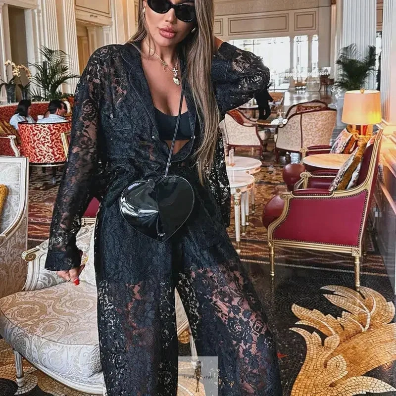 Sport Ready Matching Lace Top And Pants Suits