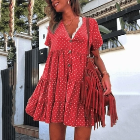 Casual Comfort Timeless Wearable Buttoned ruched polka dot dress