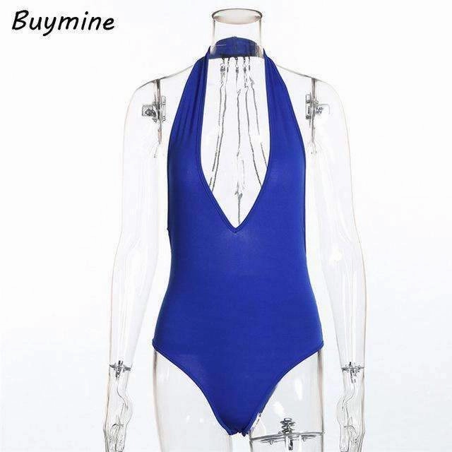 Buymine Deep V Sexy Bodysuit With Body Chain Backless Women Short Jumpsuit Sequined Halter Skinny Bodysuit Push Up Rompers Femme Pool Fashion
